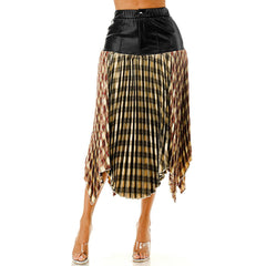Plus Size PU Leather with Plaid Pleated Midi Skirt