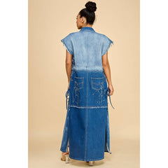Plus Size Acid Wash Combo Cargo Maxi Denim Vest