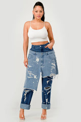 PLUS SIZE Double-Layer Destroyed Denim Pants