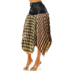 Plus Size PU Leather with Plaid Pleated Midi Skirt