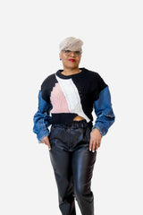 Black Knitted Denim Sleeve Sweater