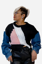 Black Knitted Denim Sleeve Sweater