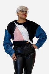 Black Knitted Denim Sleeve Sweater