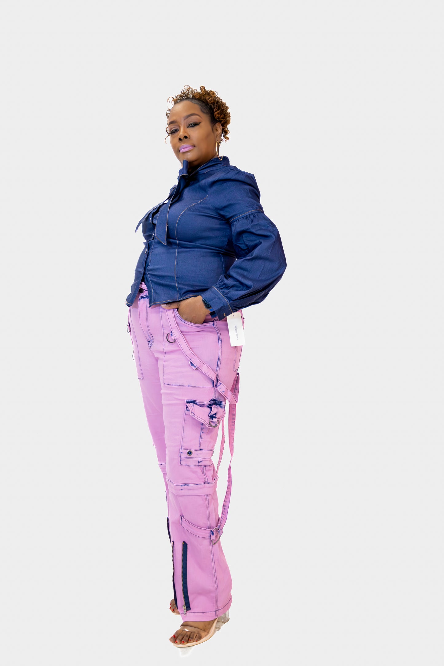 Puff-Sleeve Denim Bow Blouse