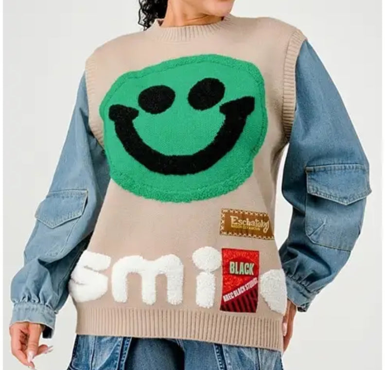 Smile Patch Sweater with Denim Sleeves