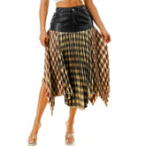 Plus Size PU Leather with Plaid Pleated Midi Skirt