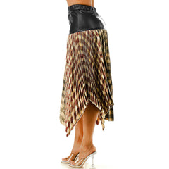 Plus Size PU Leather with Plaid Pleated Midi Skirt