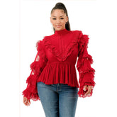 Plus Size Long Sleeve Ruffle Lace Blouse Top