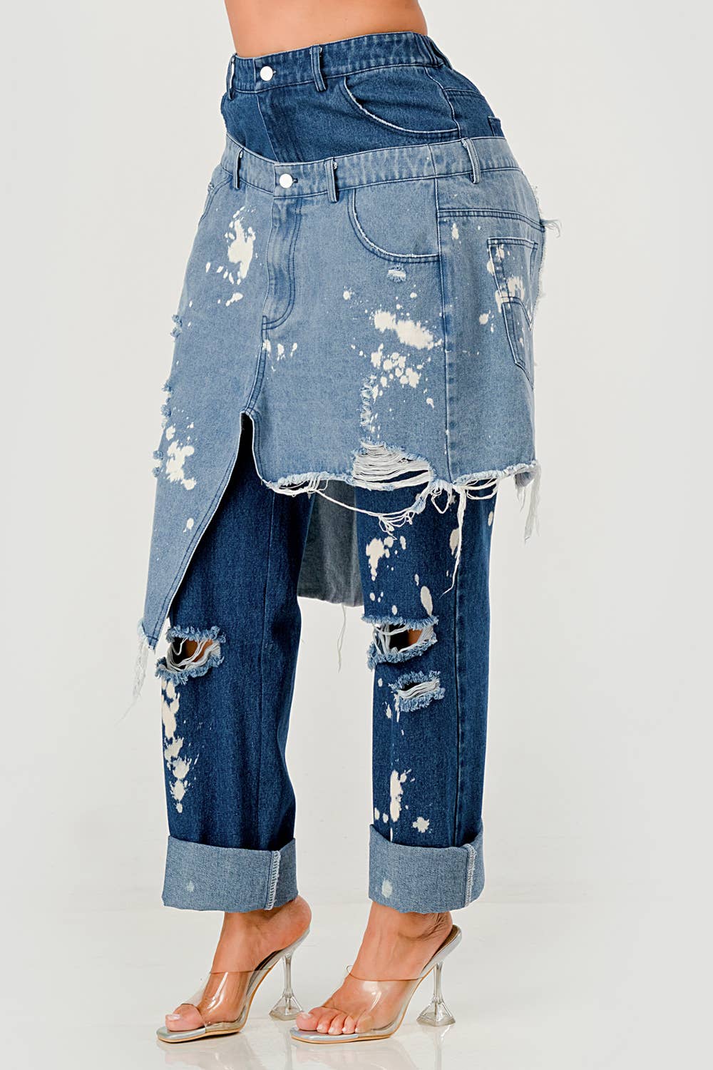 PLUS SIZE Double-Layer Destroyed Denim Pants