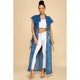 Plus Size Acid Wash Combo Cargo Maxi Denim Vest