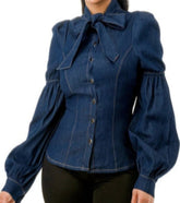Puff-Sleeve Denim Bow Blouse