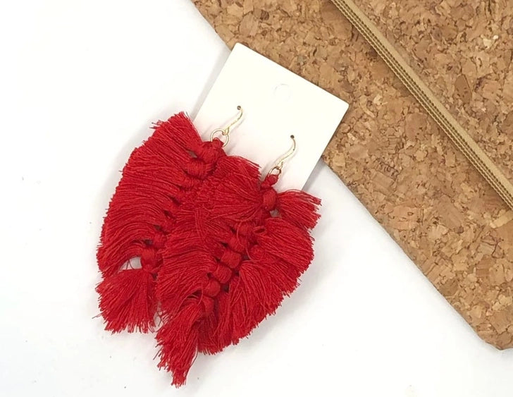 Red Macramé Leaf Earrings