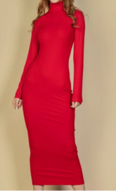 Red Ribbed Mock Neck Bodycon Dress