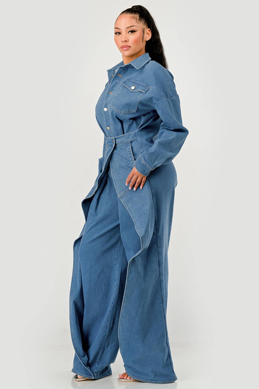 PLUS SIZE Denim Belted Wide-Leg Jumpsuit