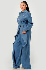 PLUS SIZE Denim Belted Wide-Leg Jumpsuit