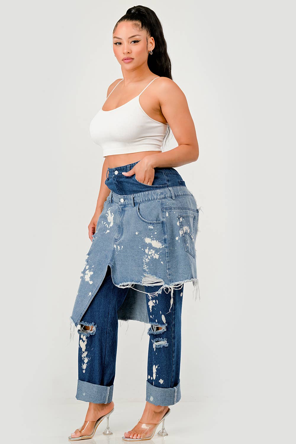PLUS SIZE Double-Layer Destroyed Denim Pants