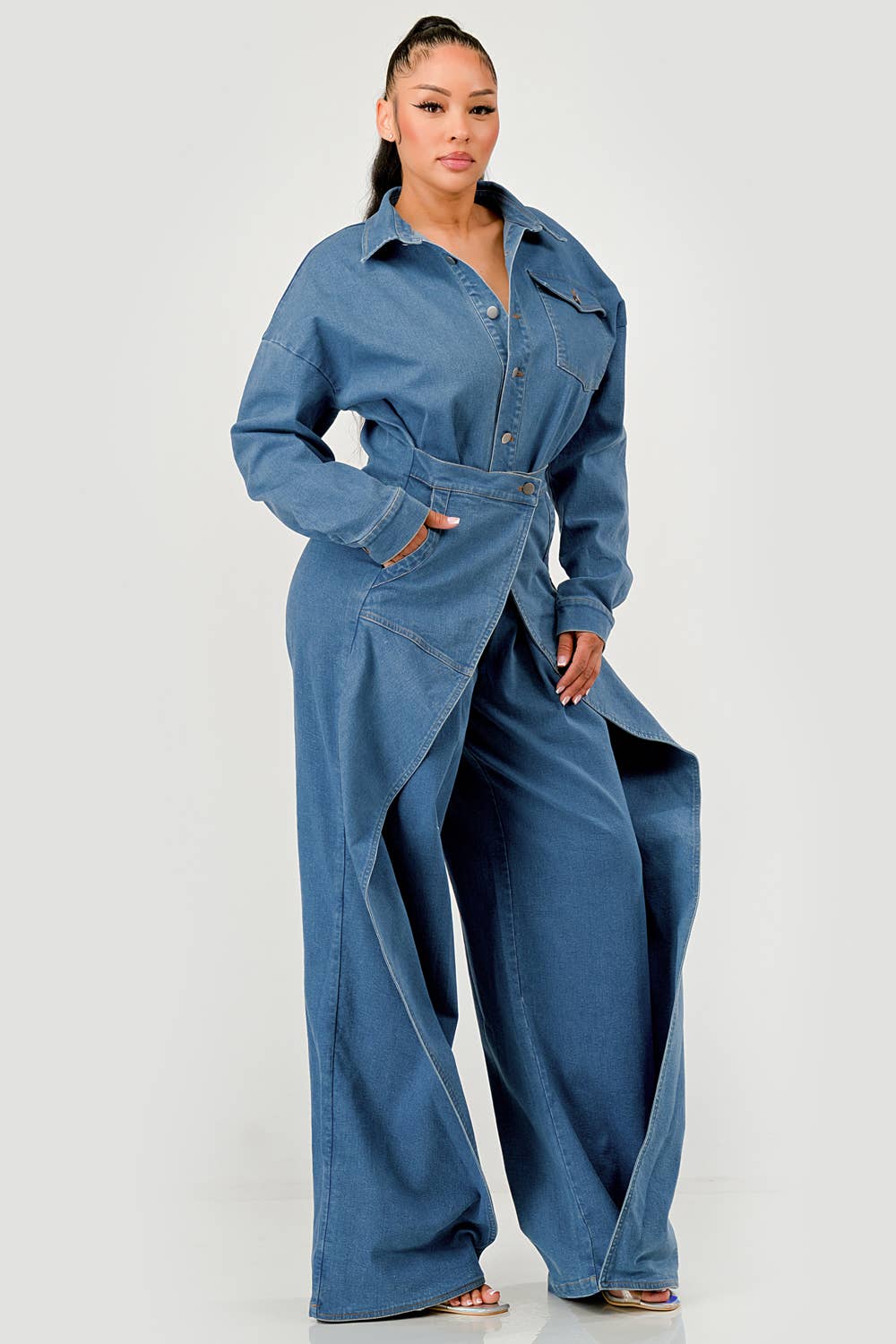 PLUS SIZE Denim Belted Wide-Leg Jumpsuit