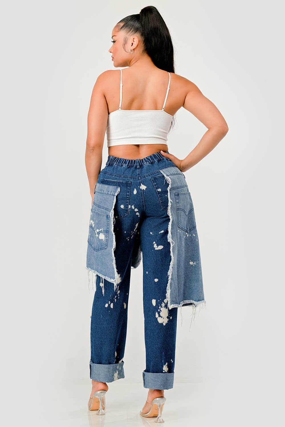PLUS SIZE Double-Layer Destroyed Denim Pants