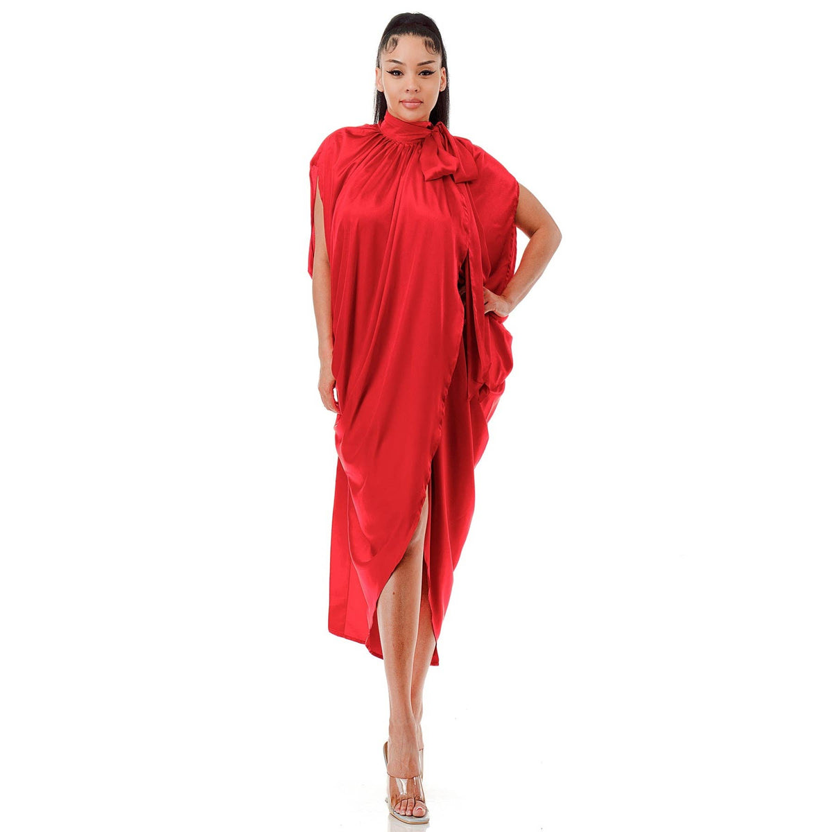 Plus Sleeveless Loose Fit Tie Mock Neck Wrap Midi Dress Top