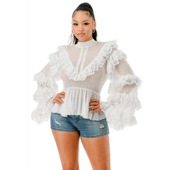 Plus Size Long Sleeve Ruffle Lace Blouse Top