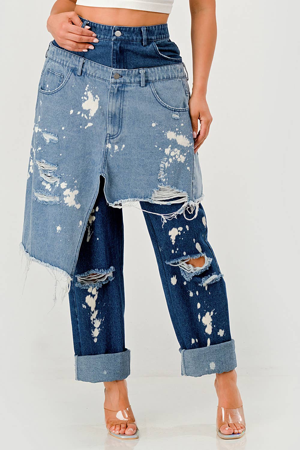 PLUS SIZE Double-Layer Destroyed Denim Pants