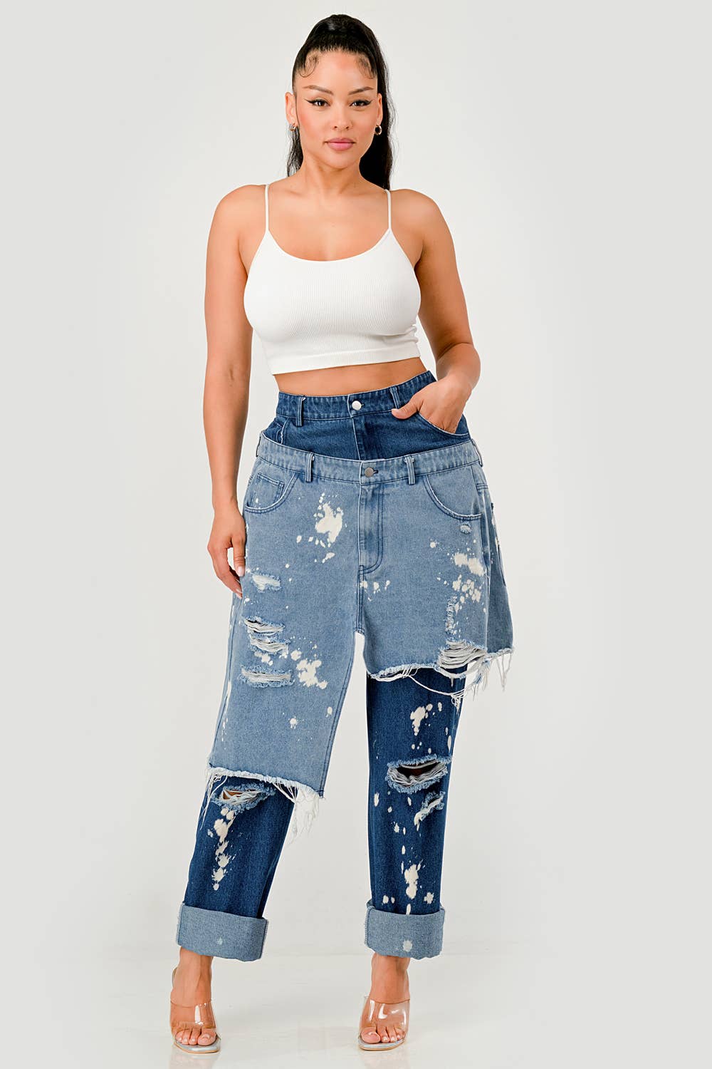 PLUS SIZE Double-Layer Destroyed Denim Pants
