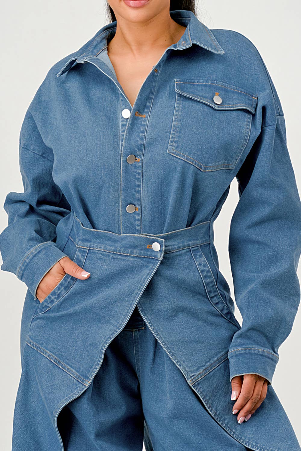 PLUS SIZE Denim Belted Wide-Leg Jumpsuit