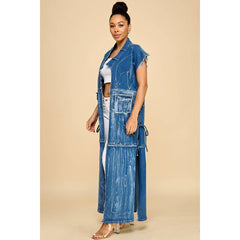 Plus Size Acid Wash Combo Cargo Maxi Denim Vest