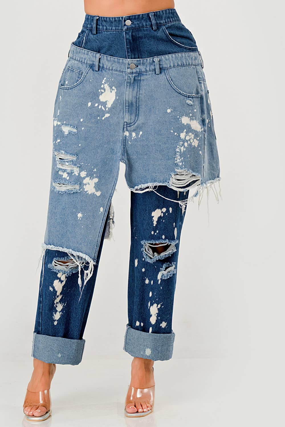 PLUS SIZE Double-Layer Destroyed Denim Pants