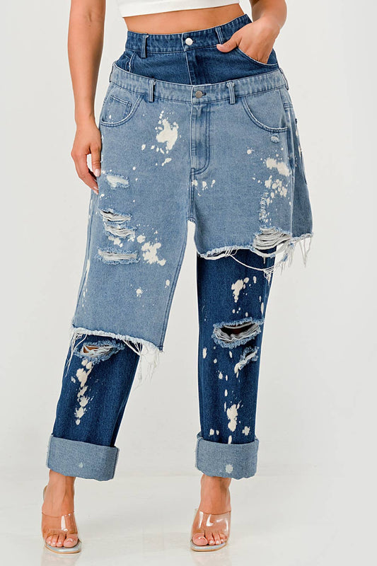 PLUS SIZE Double-Layer Destroyed Denim Pants