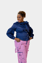 Puff-Sleeve Denim Bow Blouse