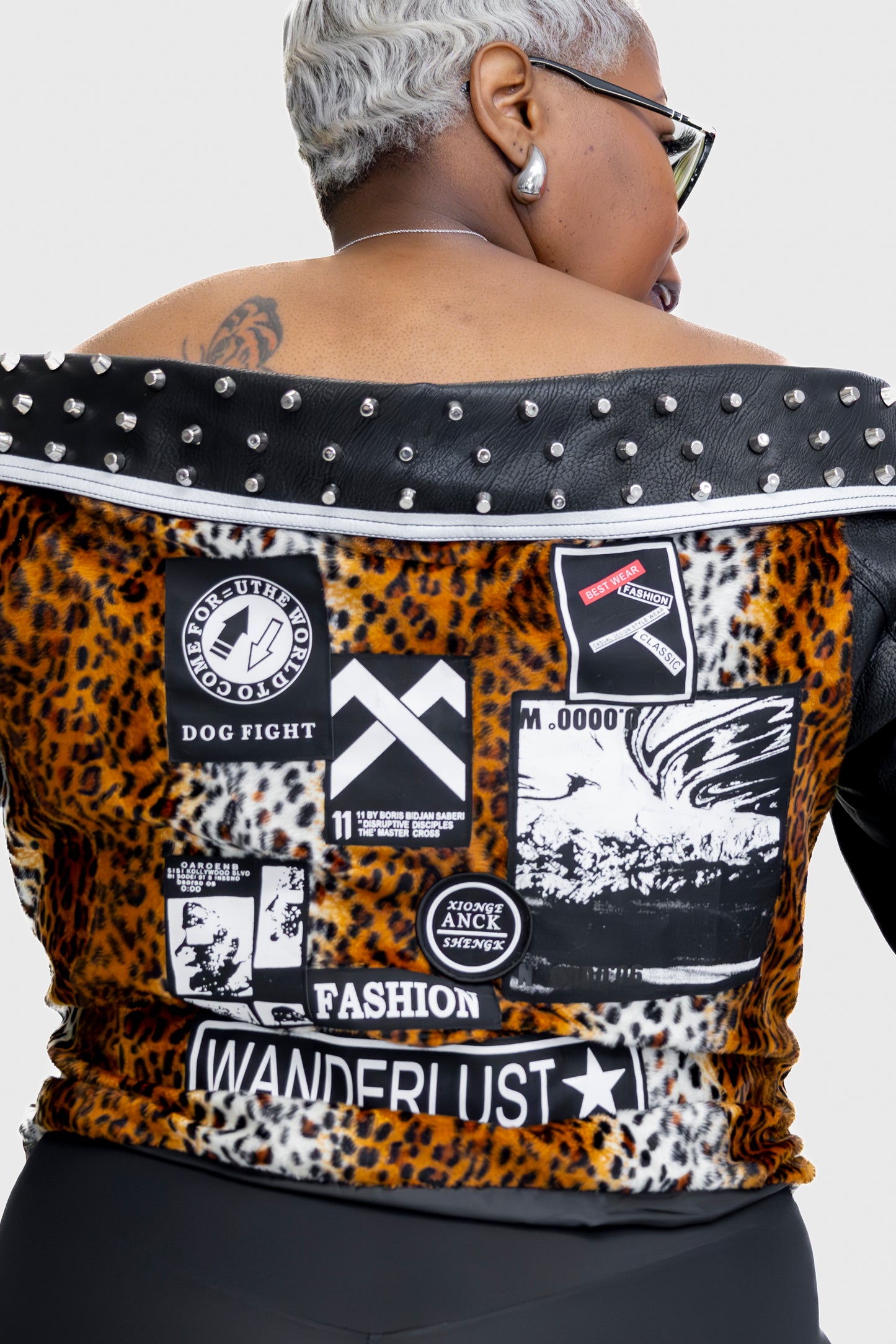 Curvy Off the Shoulder Graffiti Faux Leather Jacket