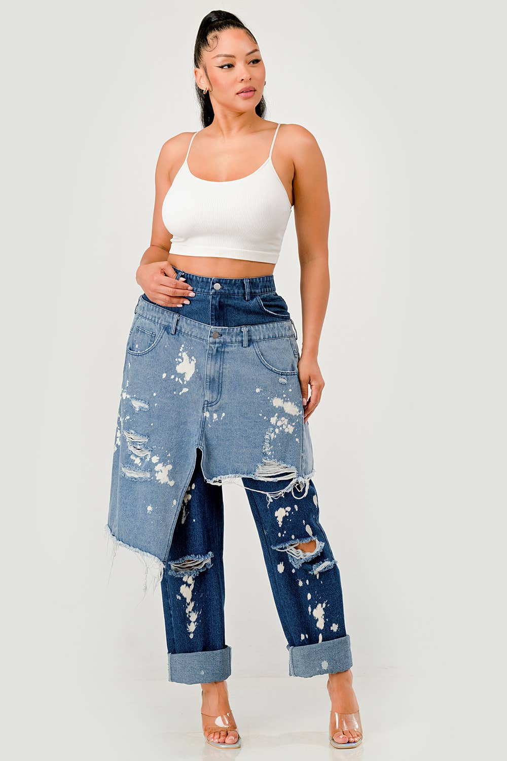 PLUS SIZE Double-Layer Destroyed Denim Pants