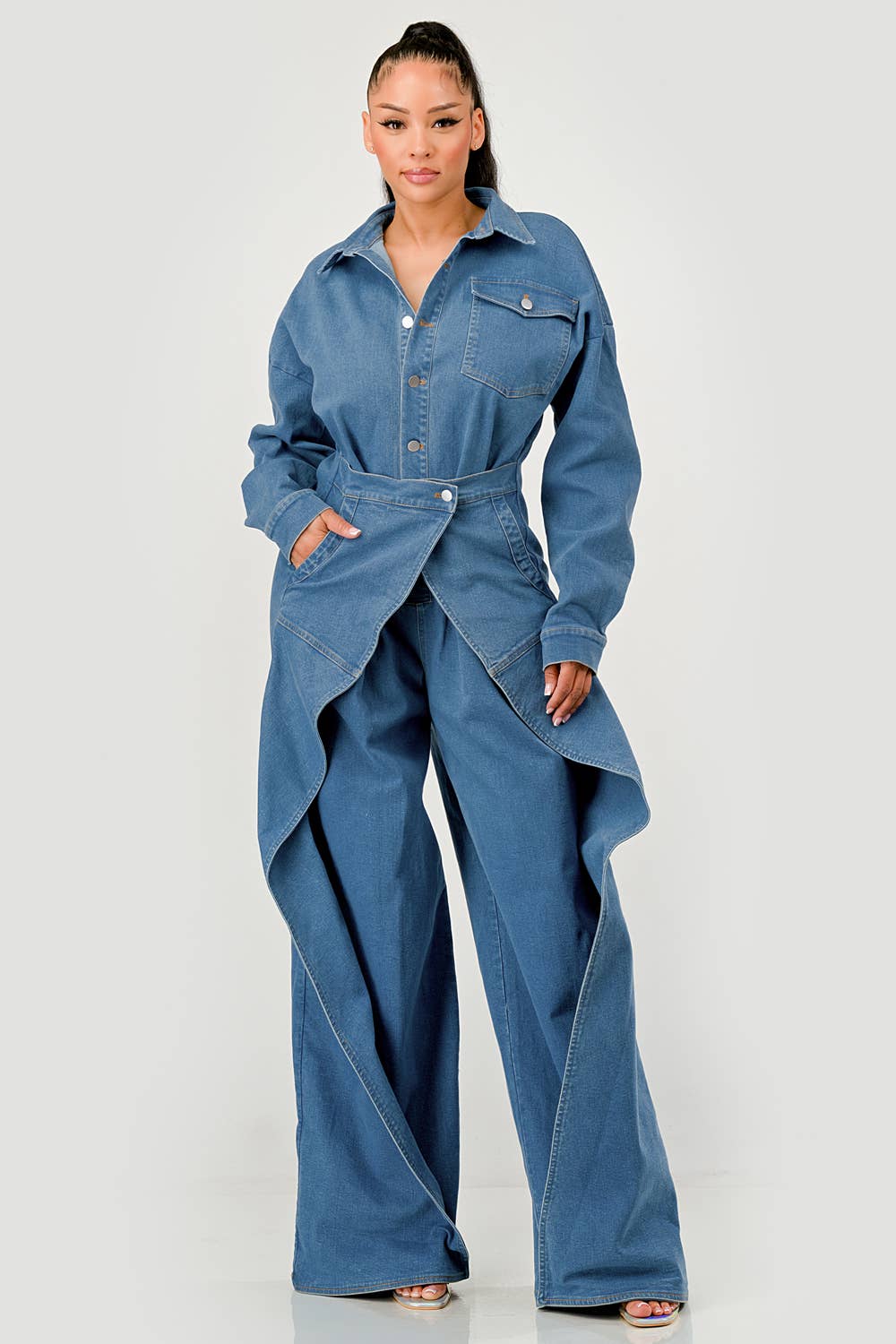 PLUS SIZE Denim Belted Wide-Leg Jumpsuit