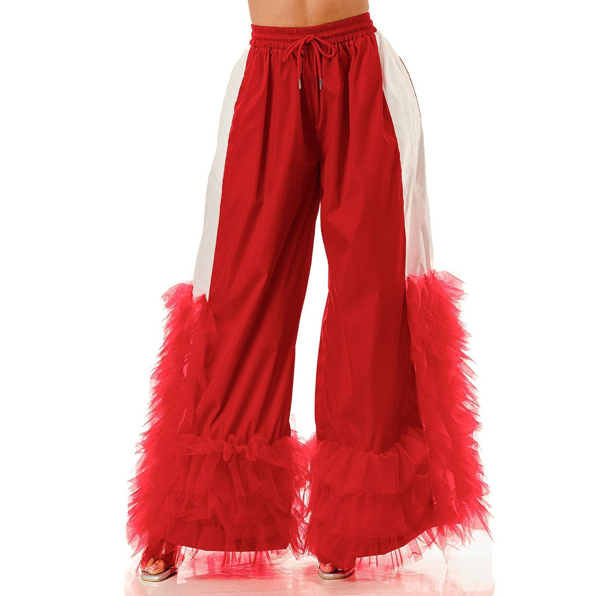 Plus Size Ruffle Detail Drawstring Elastic Waist Wide Leg Pa