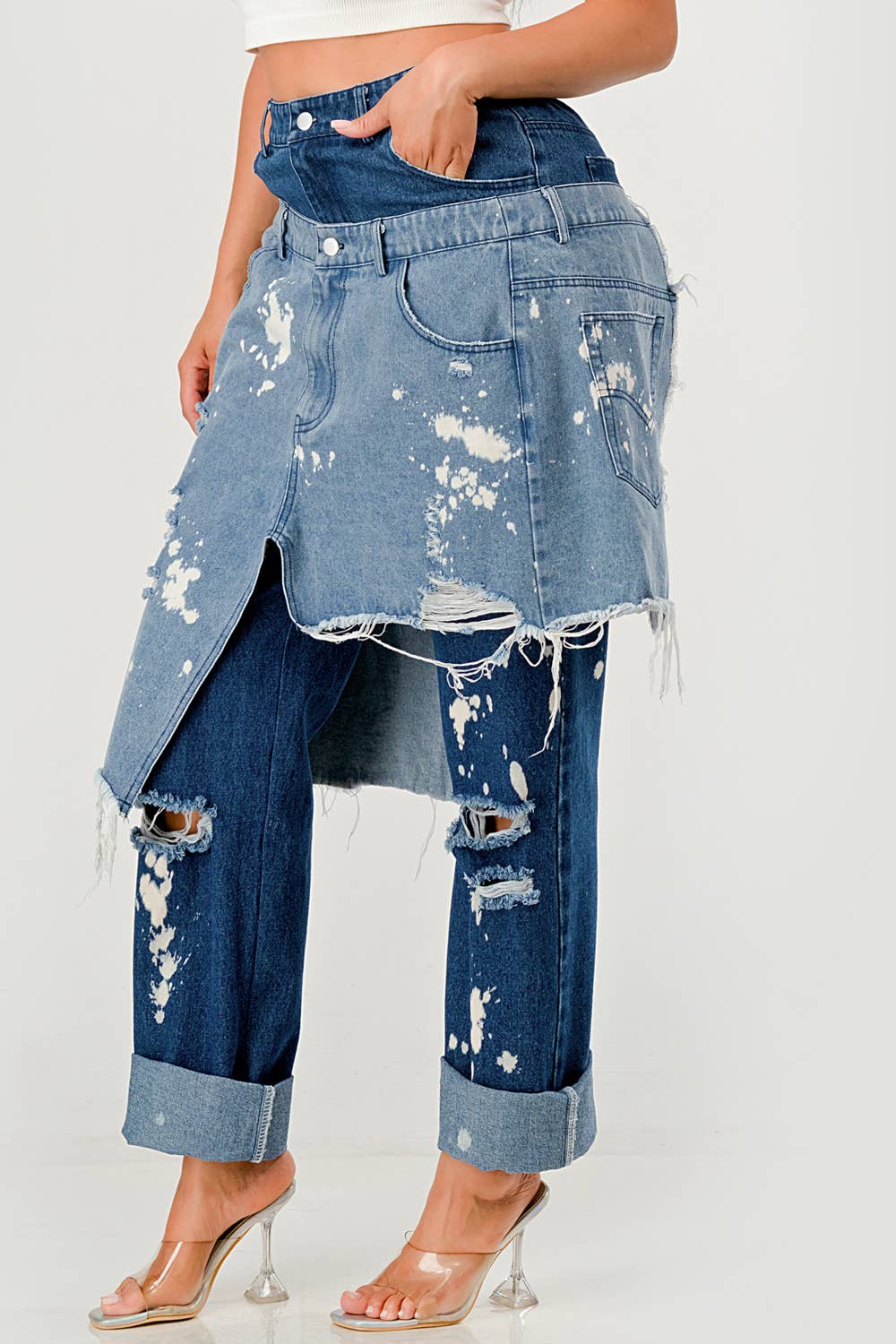 PLUS SIZE Double-Layer Destroyed Denim Pants
