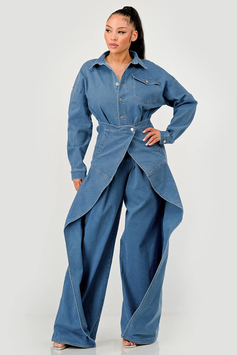 PLUS SIZE Denim Belted Wide-Leg Jumpsuit