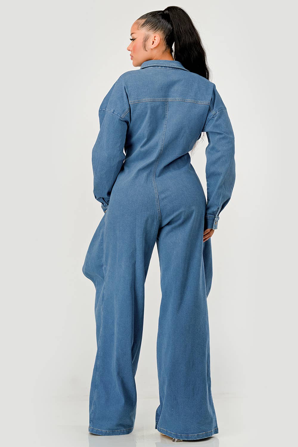 PLUS SIZE Denim Belted Wide-Leg Jumpsuit