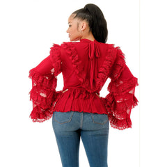 Plus Size Long Sleeve Ruffle Lace Blouse Top