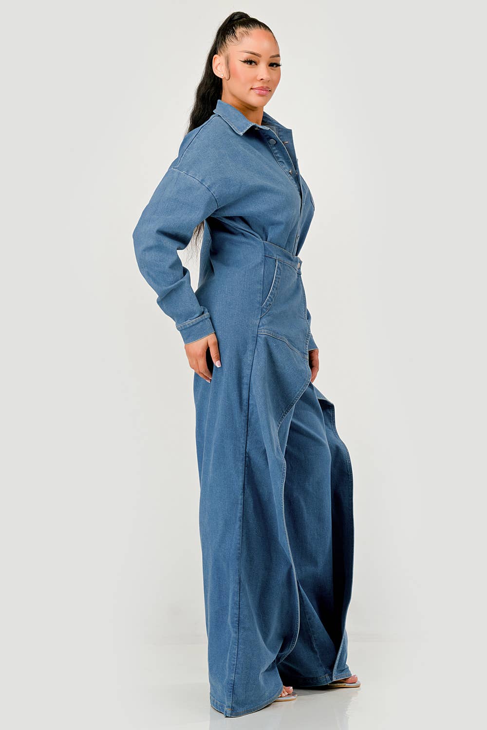 PLUS SIZE Denim Belted Wide-Leg Jumpsuit
