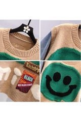 Smile Patch Sweater with Denim Sleeves