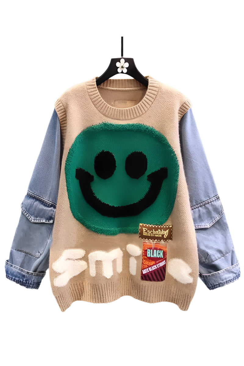 Smile Patch Sweater with Denim Sleeves
