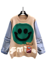 Smile Patch Sweater with Denim Sleeves